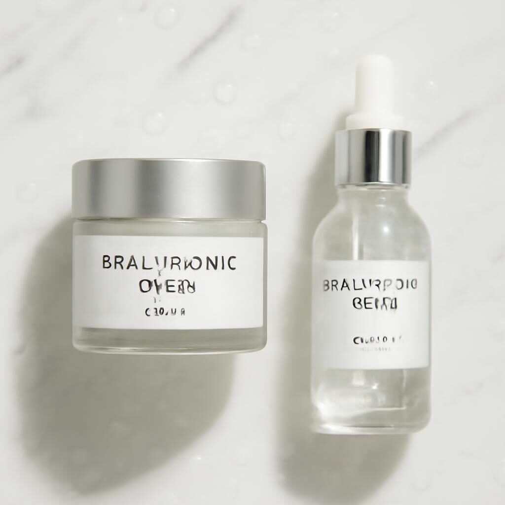 Pot de crème et flacon sérum acide hyaluronique sur marbre blanc avec gouttes d'eau