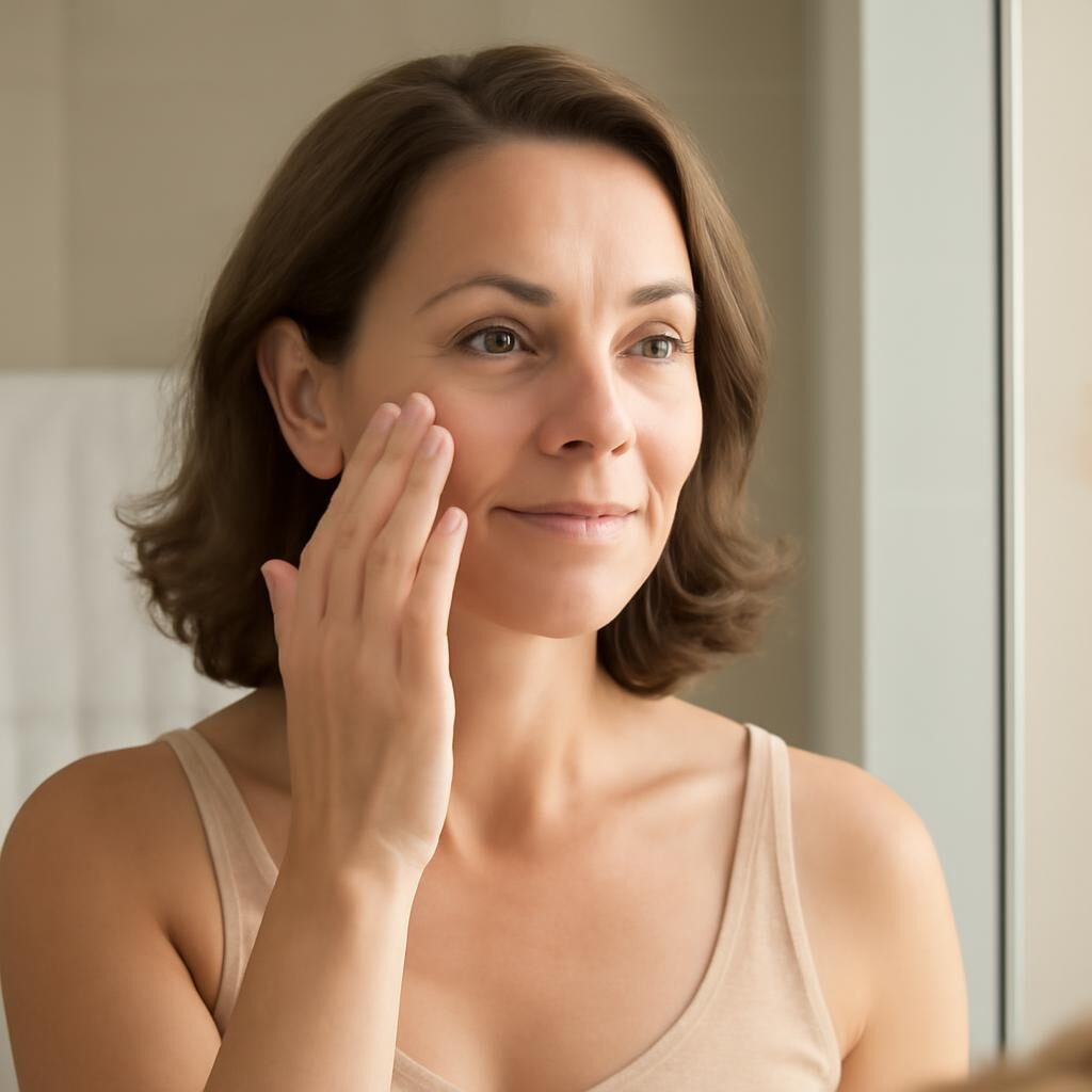 Femme de 40 ans appliquant une crème hydratante devant un miroir de salle de bain