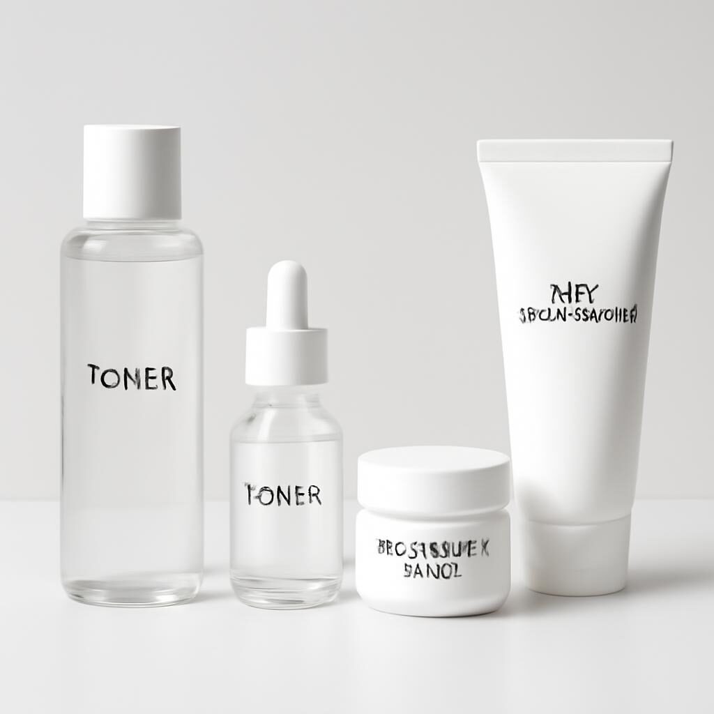 Routine soin en couches : tonique, sérum, crème hyaluronique, SPF sur surface blanche