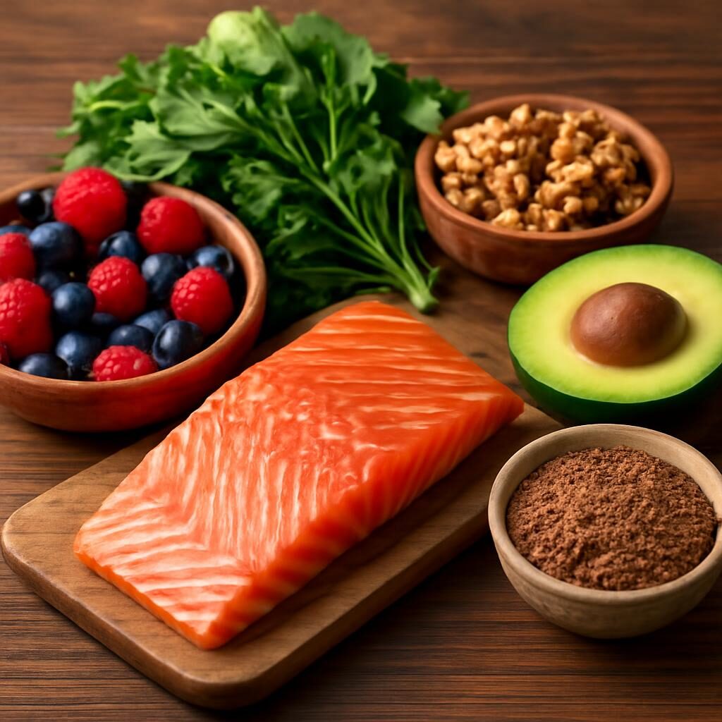 Aliments anti-inflammatoires sur table en bois : saumon, baies, légumes verts, noix, avocat