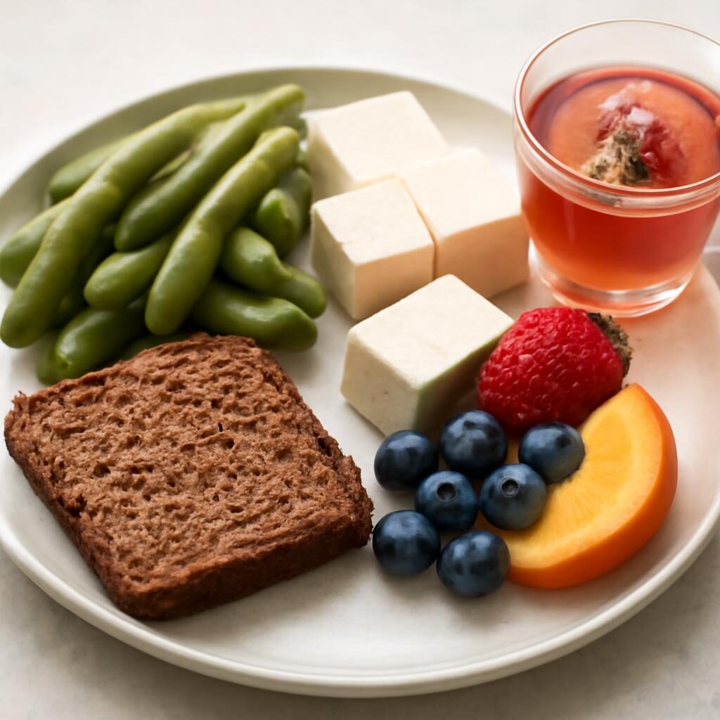 Assiette équilibrée avec aliments riches en phytoestrogènes : edamame, tofu, pain aux graines