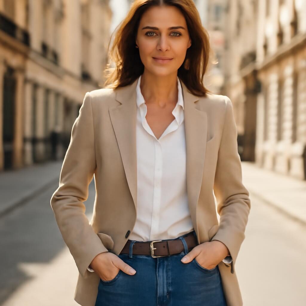 Blazer beige femme 40+ avec jean droit dans une rue ensoleillée