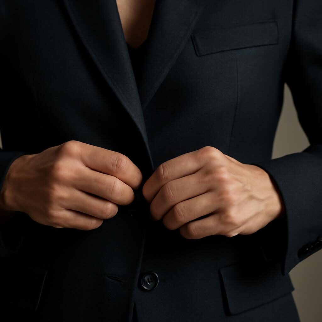 Détails de coupe et boutons d'un blazer en laine bleu marine