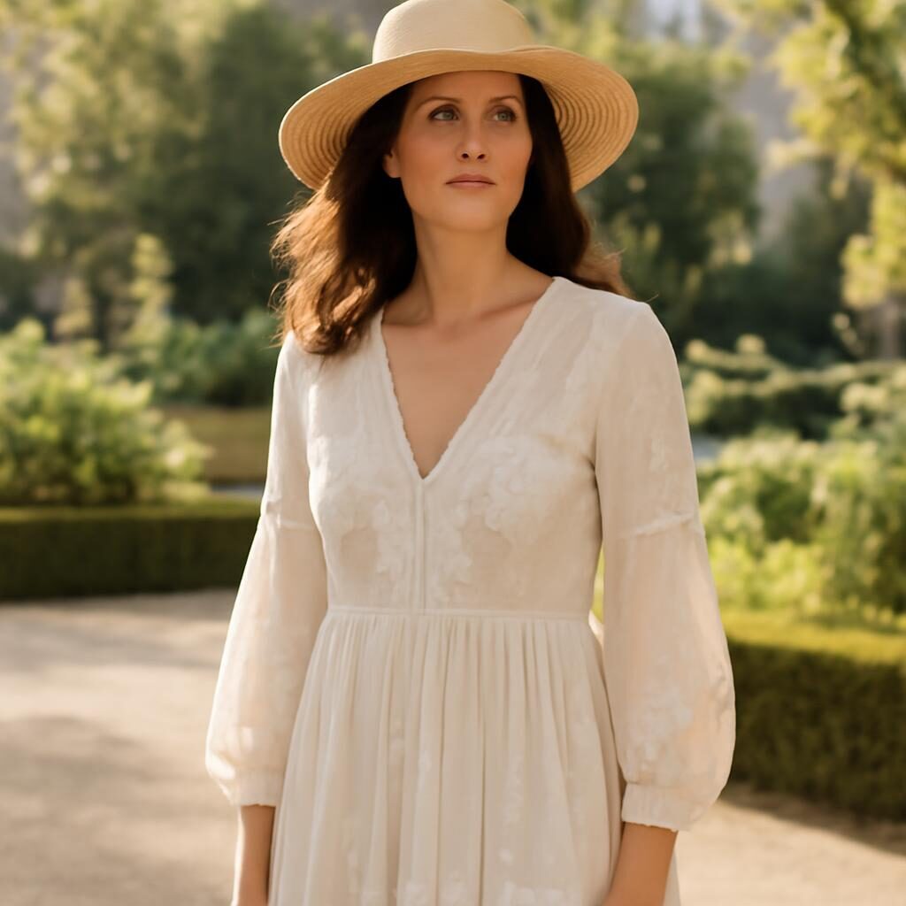 Style bohème chic après 40 ans, femme en robe fluide crème dans un jardin parisien