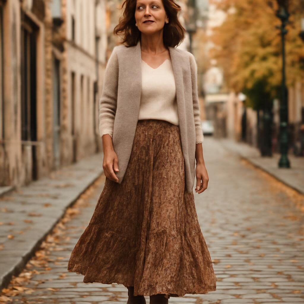 Tenue bohème chic automnale avec jupe longue et bottines cuir