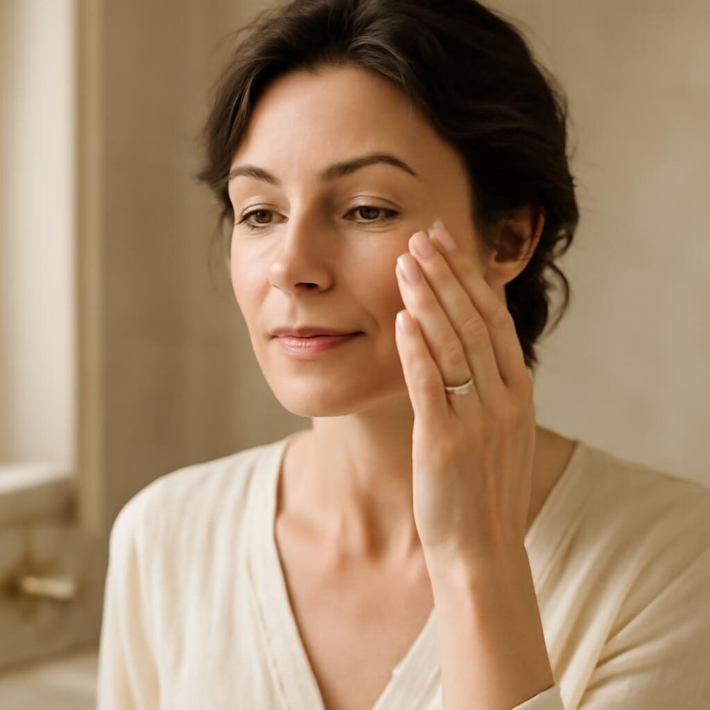 Femme de 40 ans appliquant la creme contour des yeux avec le doigt annulaire
