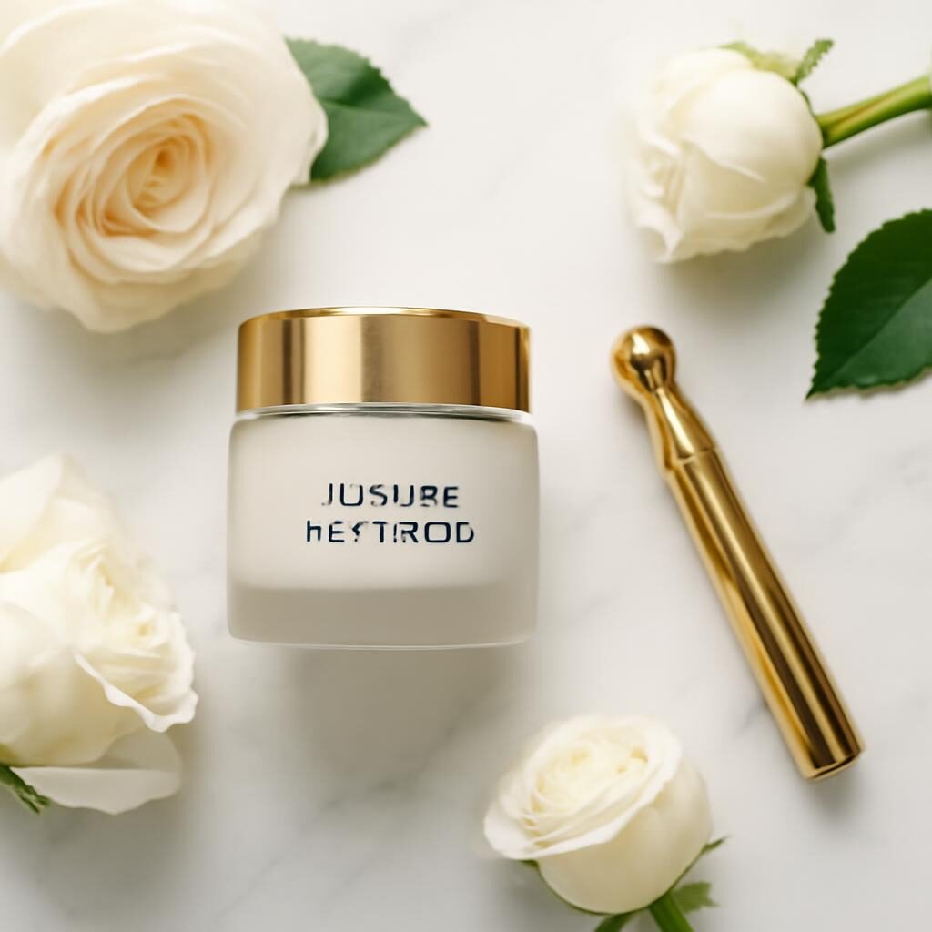 Pot de creme contour des yeux et roller en or sur marbre blanc avec roses