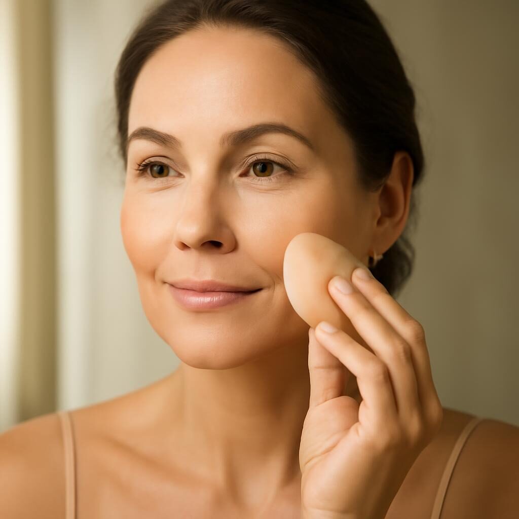 Fond de teint peau mature appliqué avec éponge beauté sur femme 40+