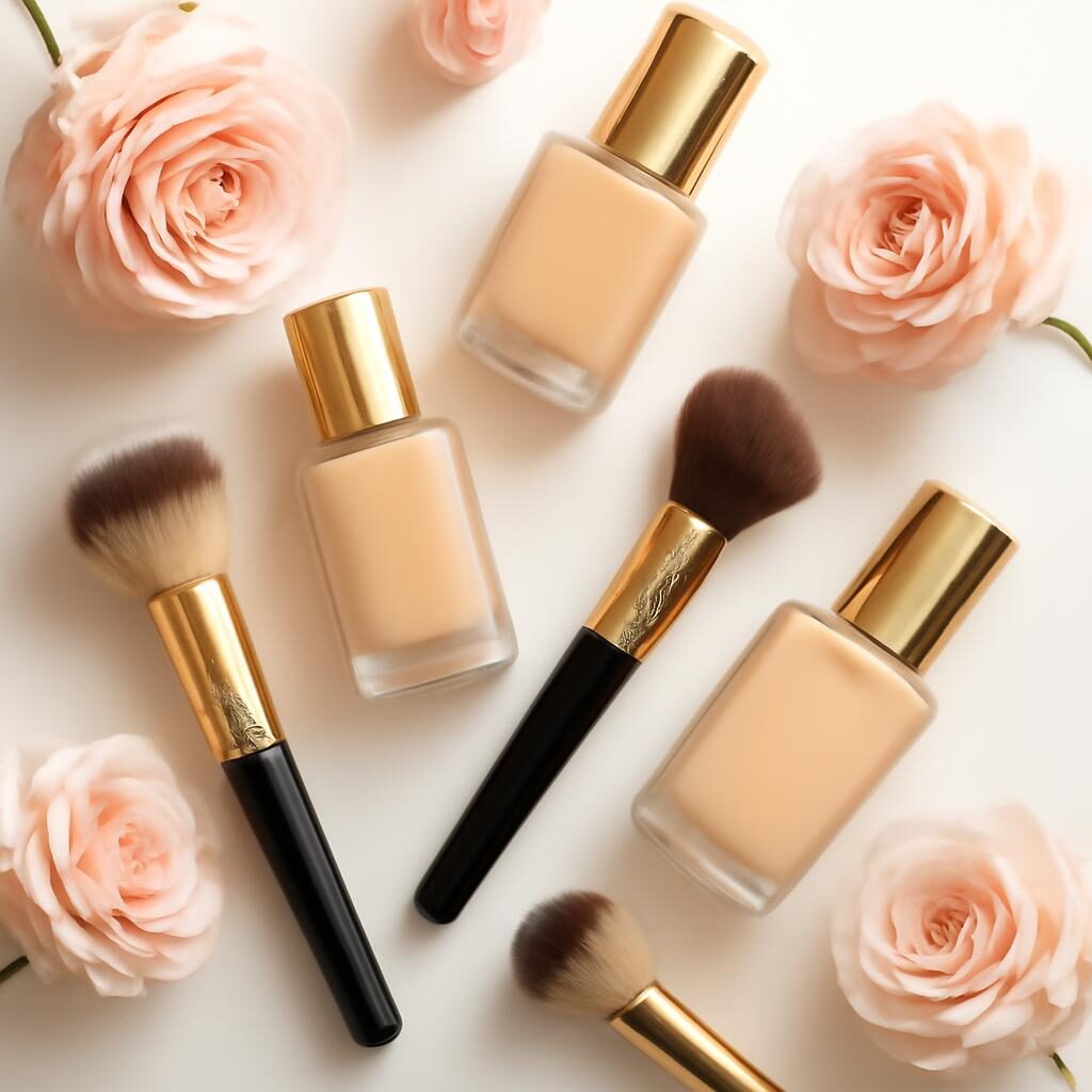 Produits de fond de teint et pinceaux sur coiffeuse marbre