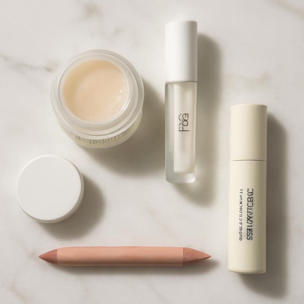 Produits soins lèvres : baume hydratant, sérum lèvres, liner nude sur marbre