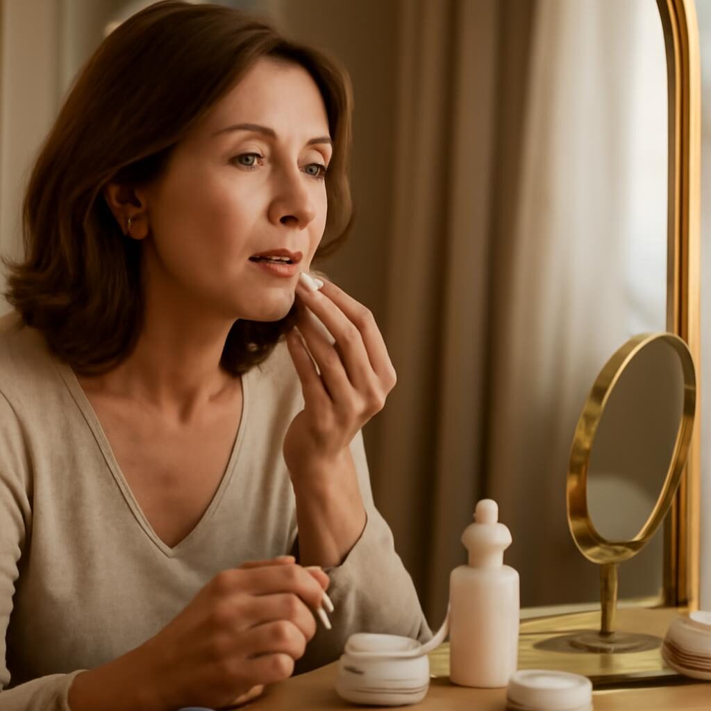 Femme appliquant un baume lèvres à sa coiffeuse élégante, routine beauté