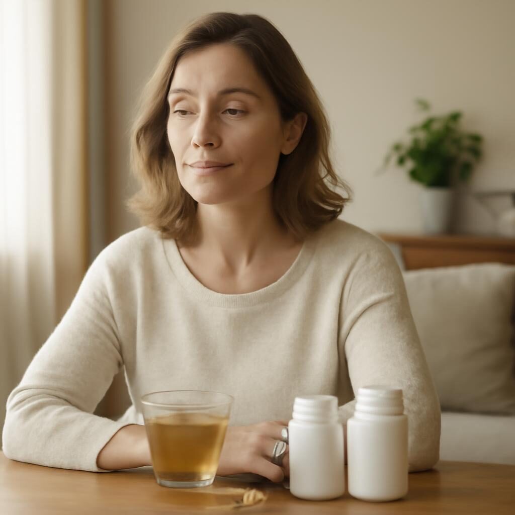 Femme sereine a 40 ans avec complements naturels et tisane sur une table en bois