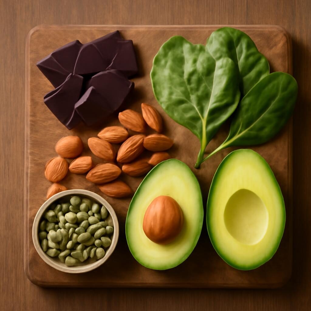 Aliments riches en magnesium : chocolat noir, amandes, epinards, avocat, graines de courge