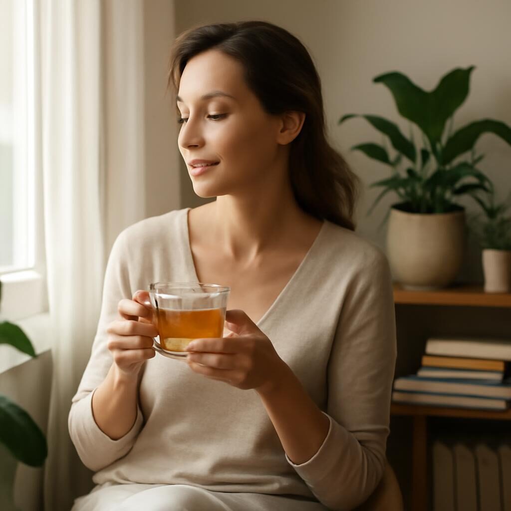 Femme elegante de 40 ans a sa fenetre avec une tasse de tisane, lumiere naturelle