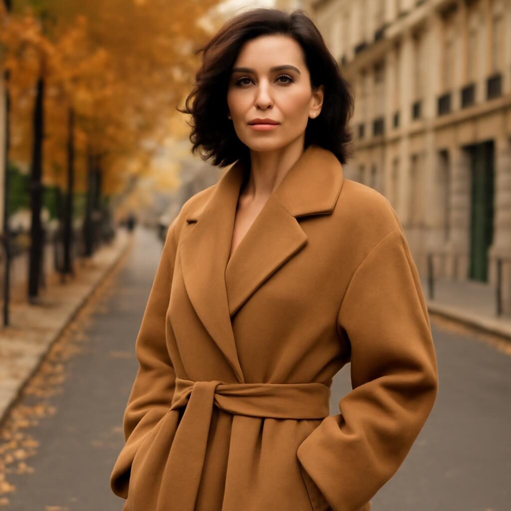 Femme chic en manteau oversize camel ceinture dans une rue parisienne