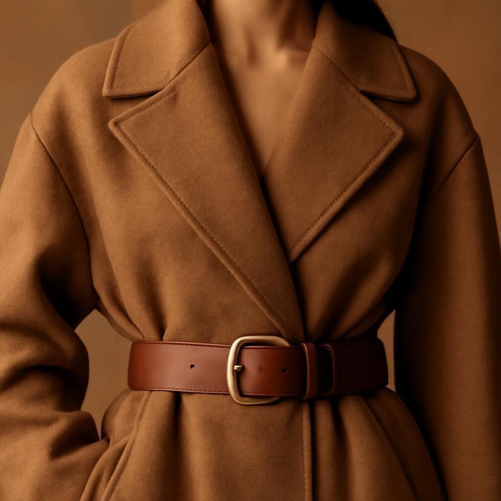 Detail du col et de la ceinture d'un manteau oversize en laine