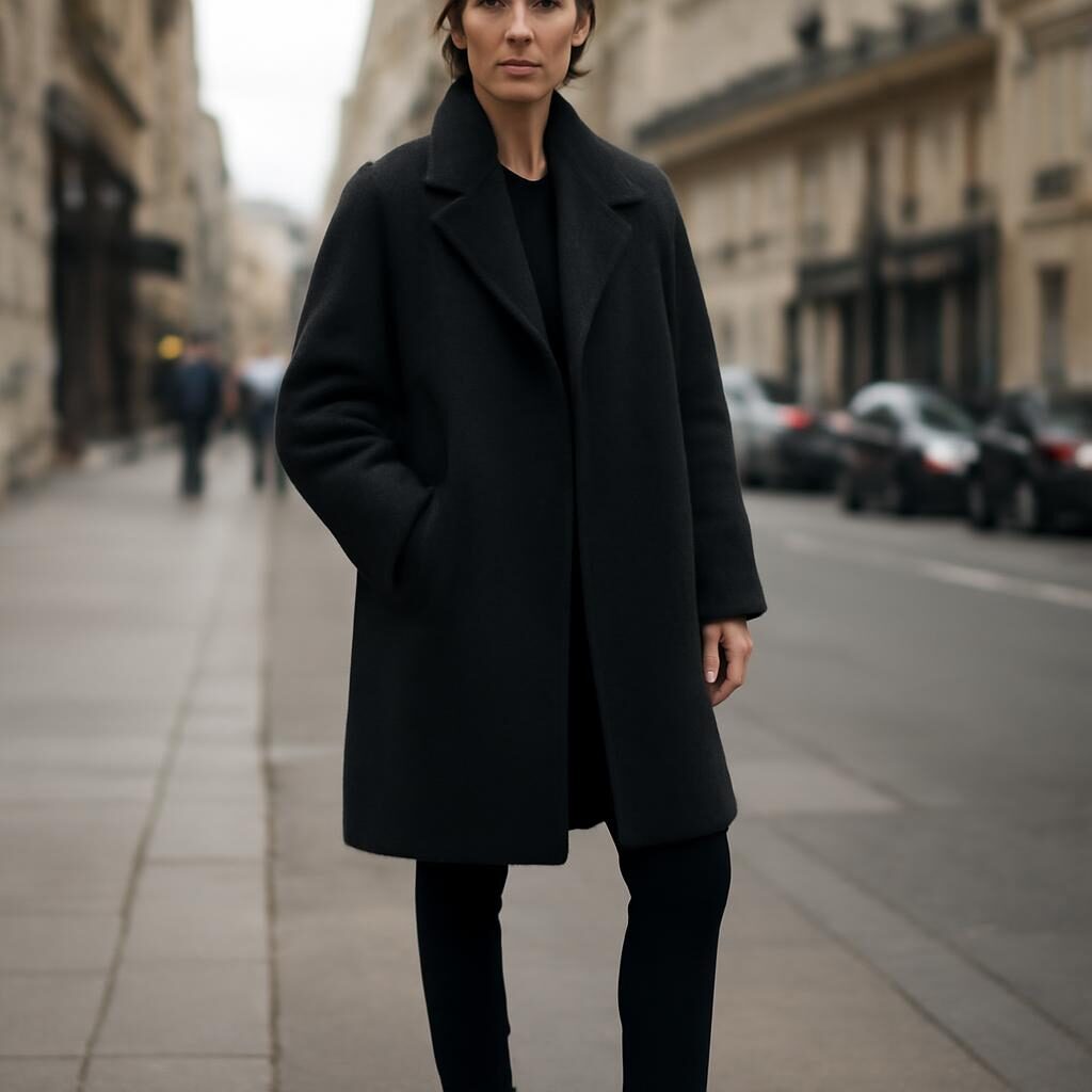 Femme mature en manteau oversize gris anthracite avec pantalon slim et bottines