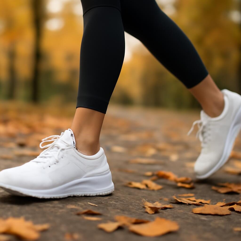 Baskets de sport sur un chemin de parc avec feuilles d'automne