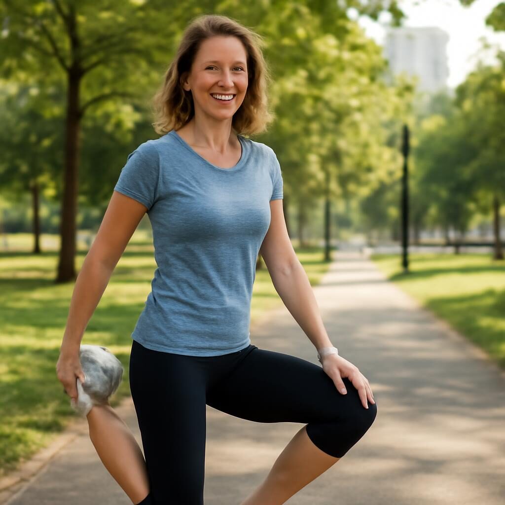Femme souriante s'ettirant apres une marche matinale en plein air