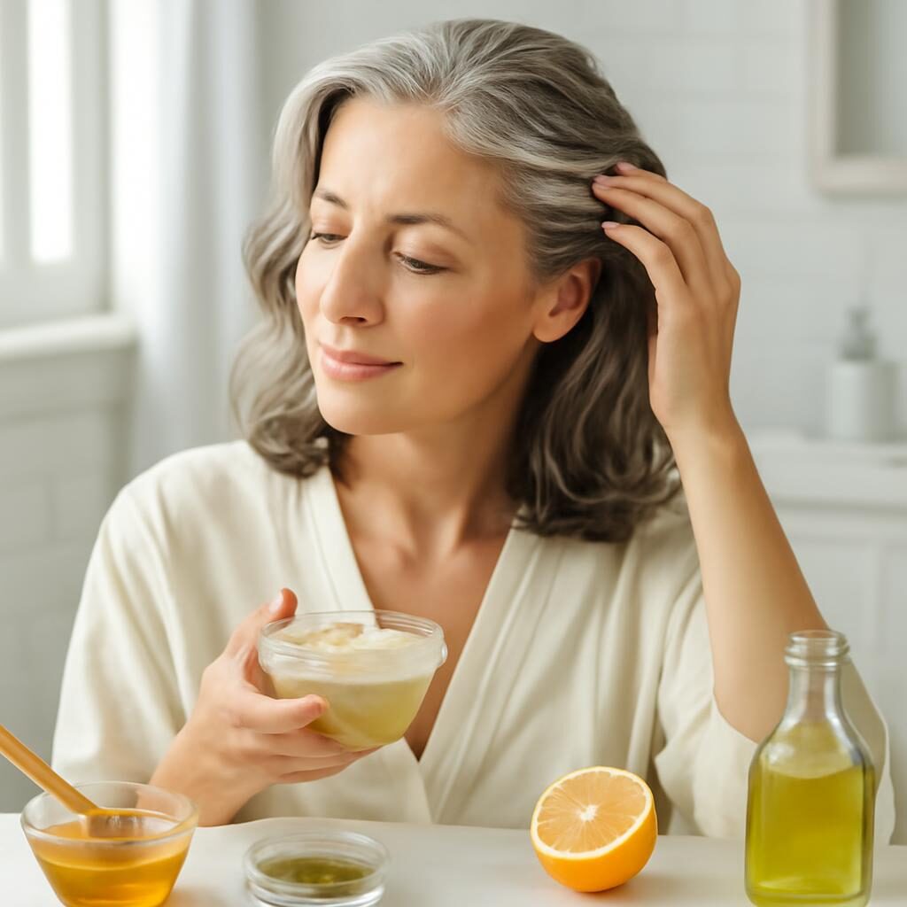 Masque cheveux maison pour cheveux matures appliqué en salle de bain
