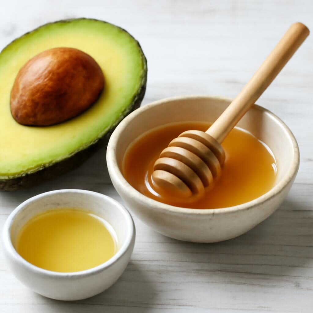 Ingrédients naturels pour masque capillaire maison : avocat, miel, huile de jojoba