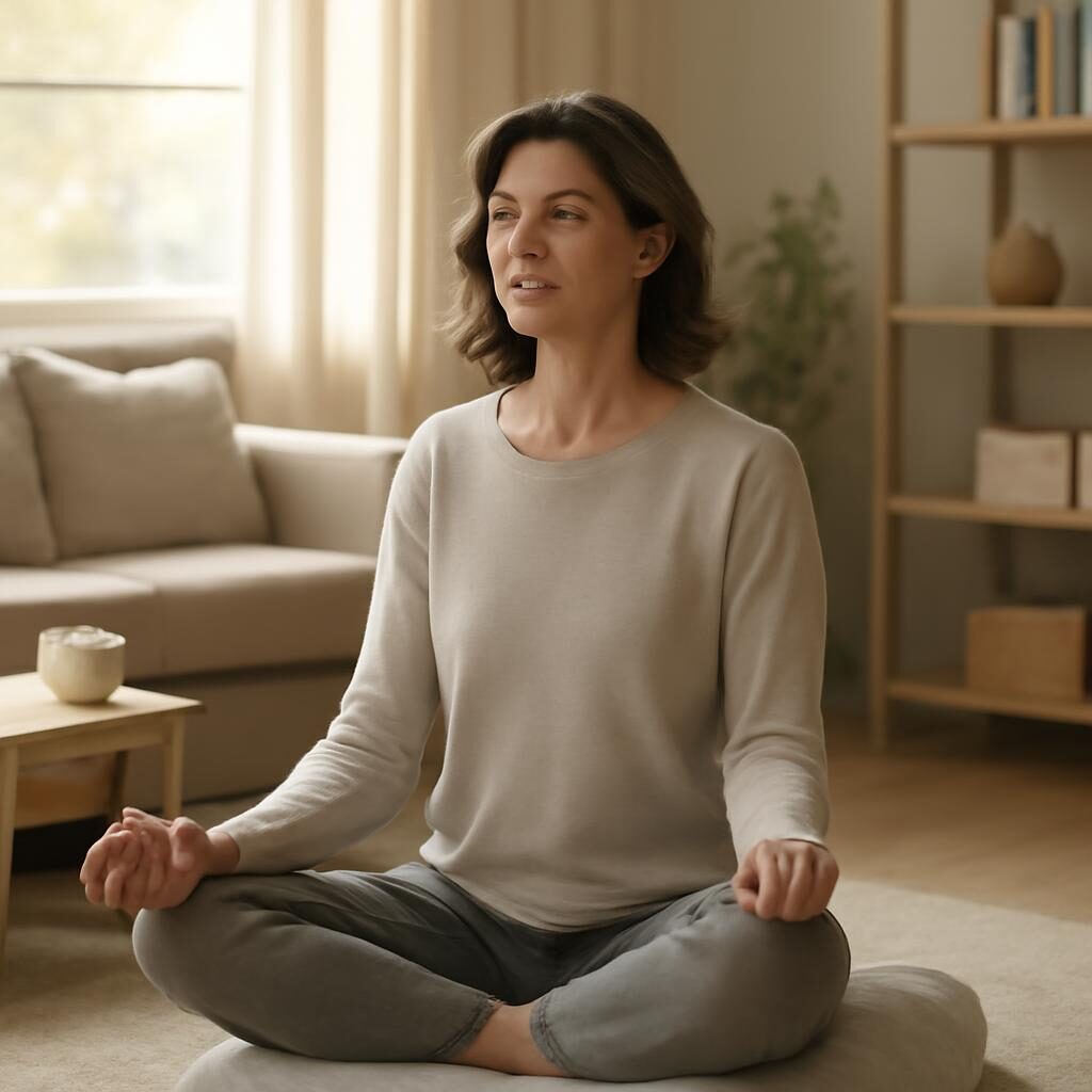méditation guidée débutante femme 40 ans calme salon lumière matinale