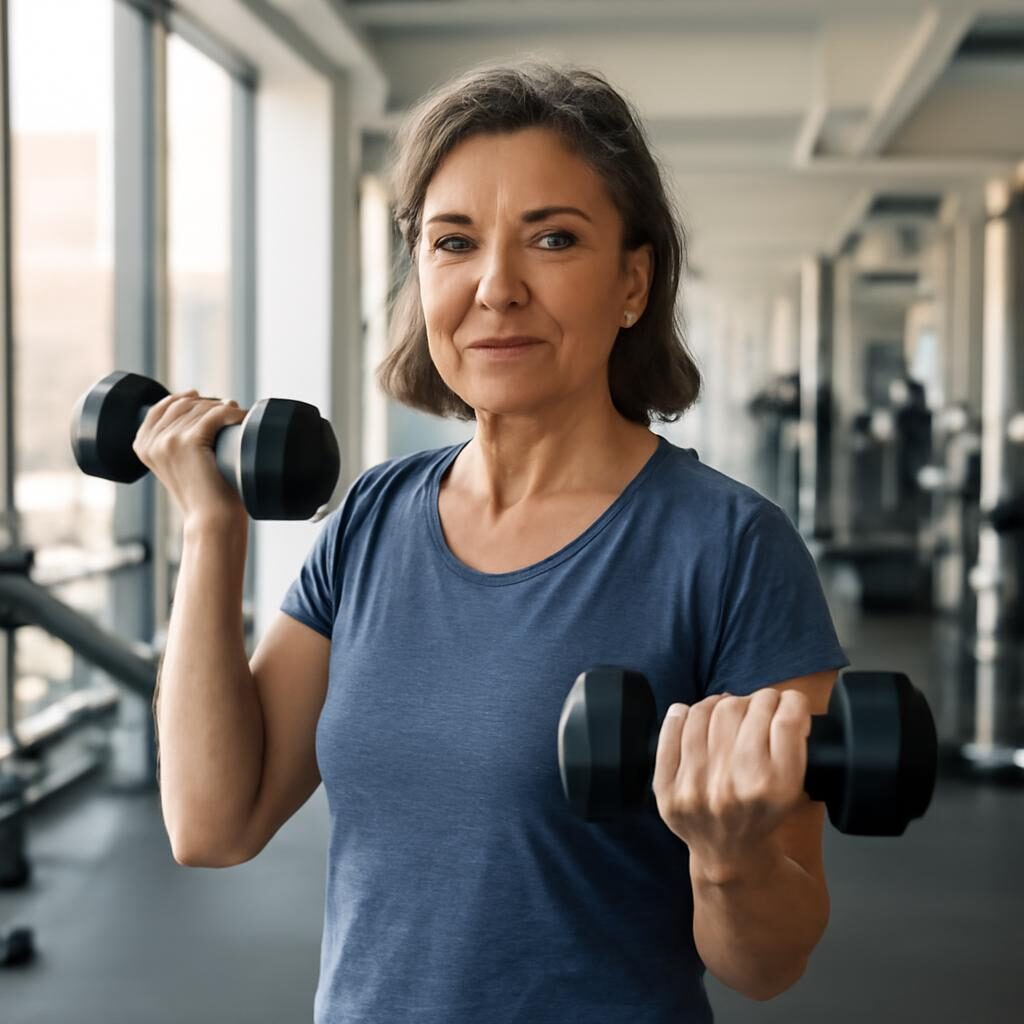 Musculation femme 50 ans avec haltères dans une salle de sport lumineuse