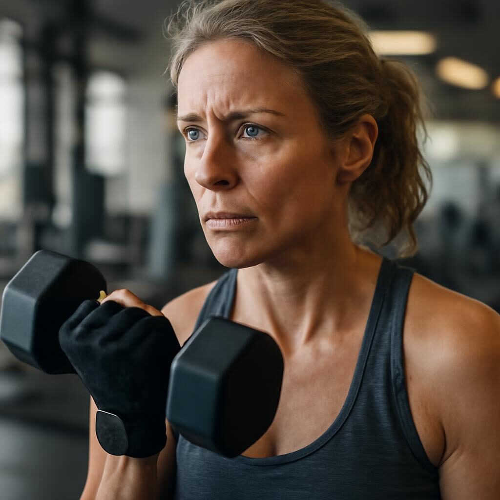 Femme active de 50 ans soulevant un haltère, expression concentrée, salle de gym