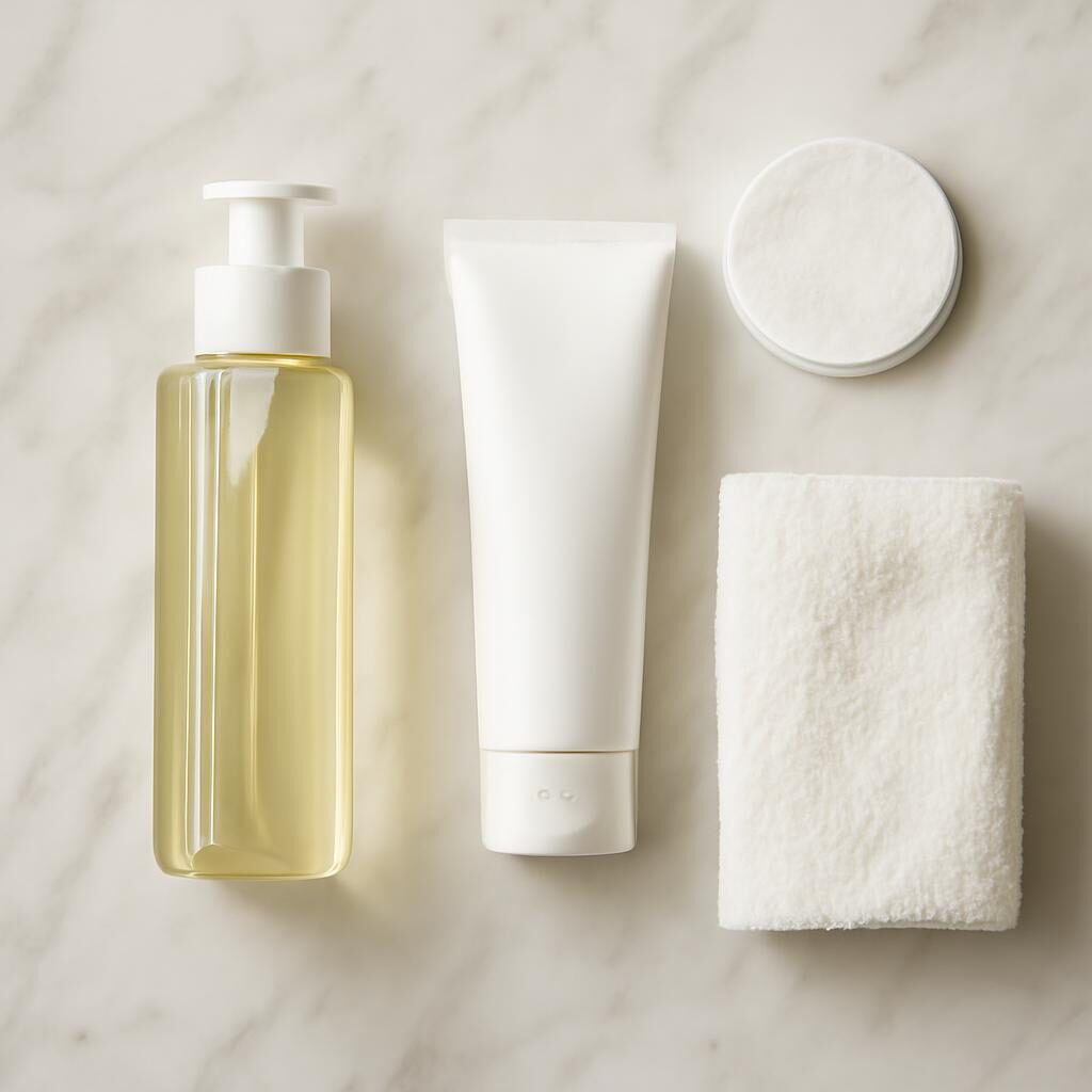 Produits de double nettoyage sur vasque marbre salle de bain