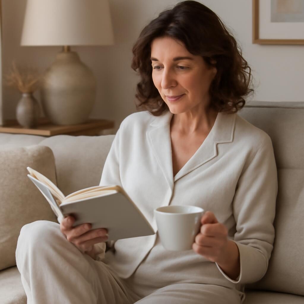 Femme élégante en loungewear soyeux lisant un livre dans son salon cosy