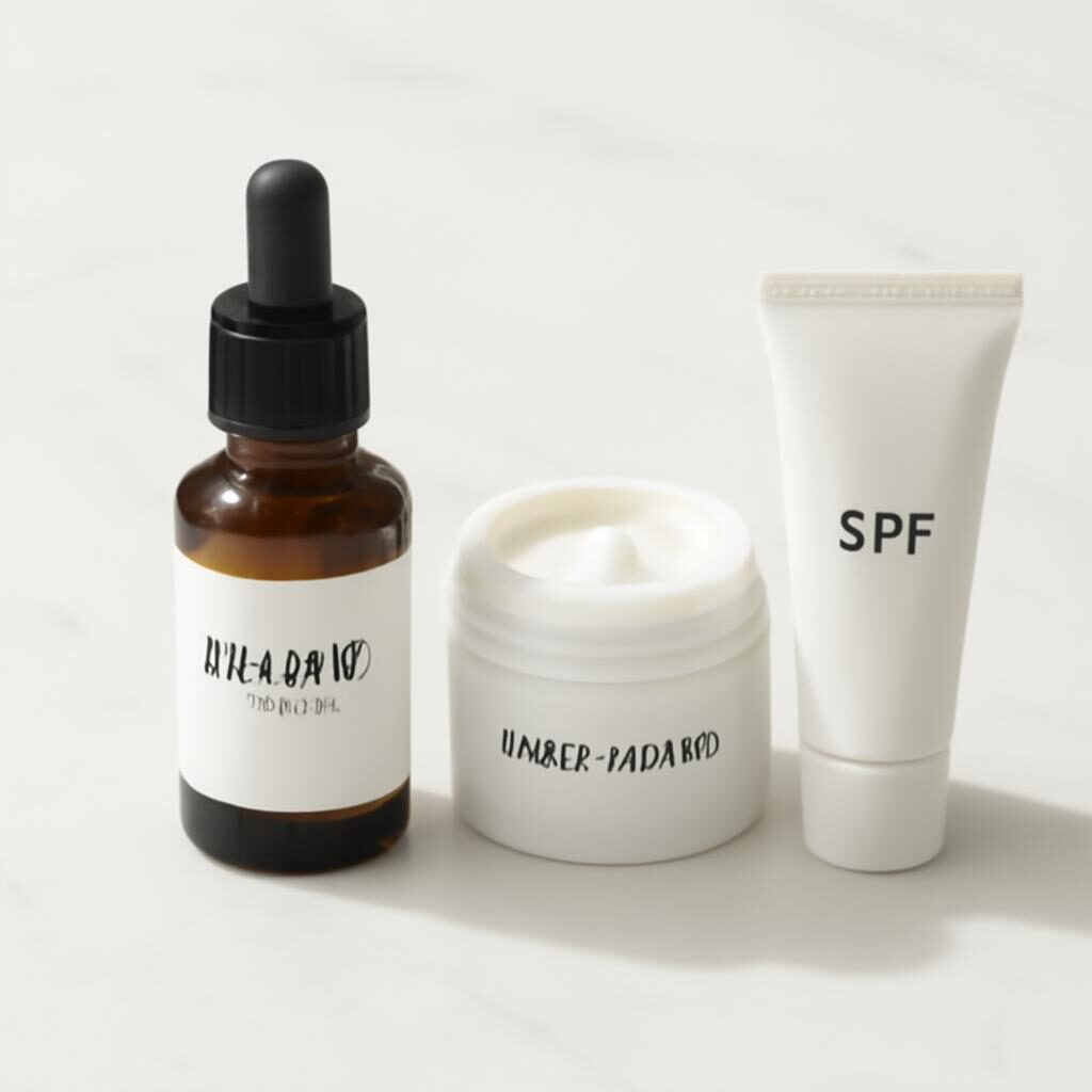 Flacon de serum retinol sur marbre avec hydratant et SPF