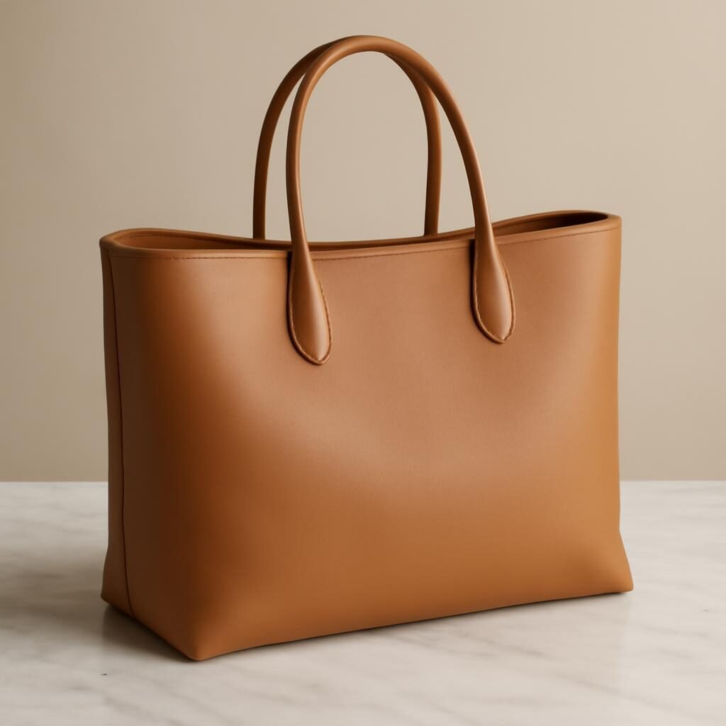 Grand sac cabas en cuir camel élégant sur surface en marbre, accessoire de mode intemporel
