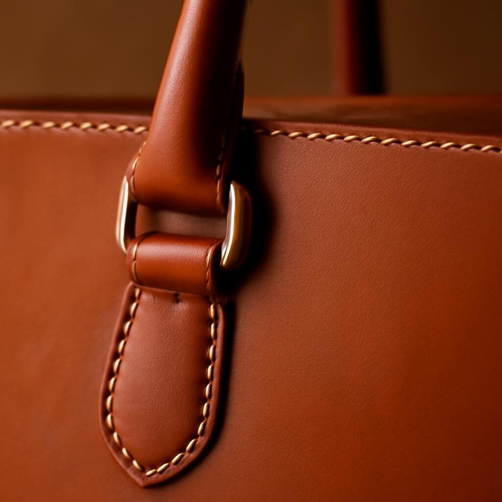 Détail coutures et fermoir doré d'un sac cabas en cuir de qualité