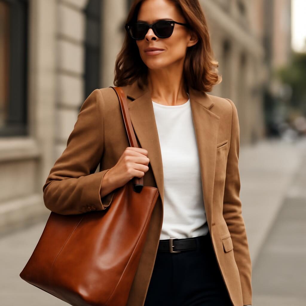 Femme de 40 ans portant un grand sac cabas en cuir sur l'épaule, tenue élégante en ville