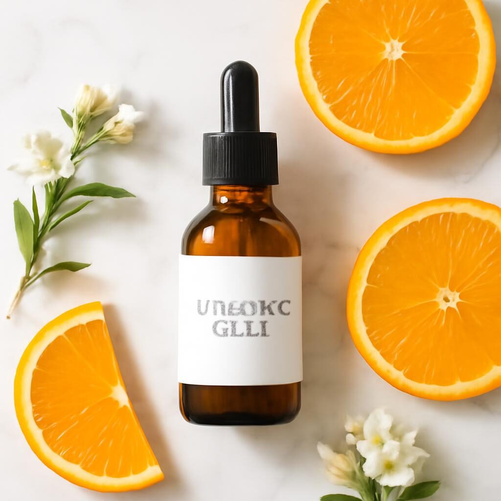 Flacon de sérum vitamine C sur marbre blanc avec tranches d'orange et fleurs