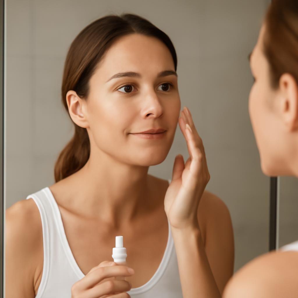 Femme de 40 ans appliquant un sérum sur son visage, peau lumineuse