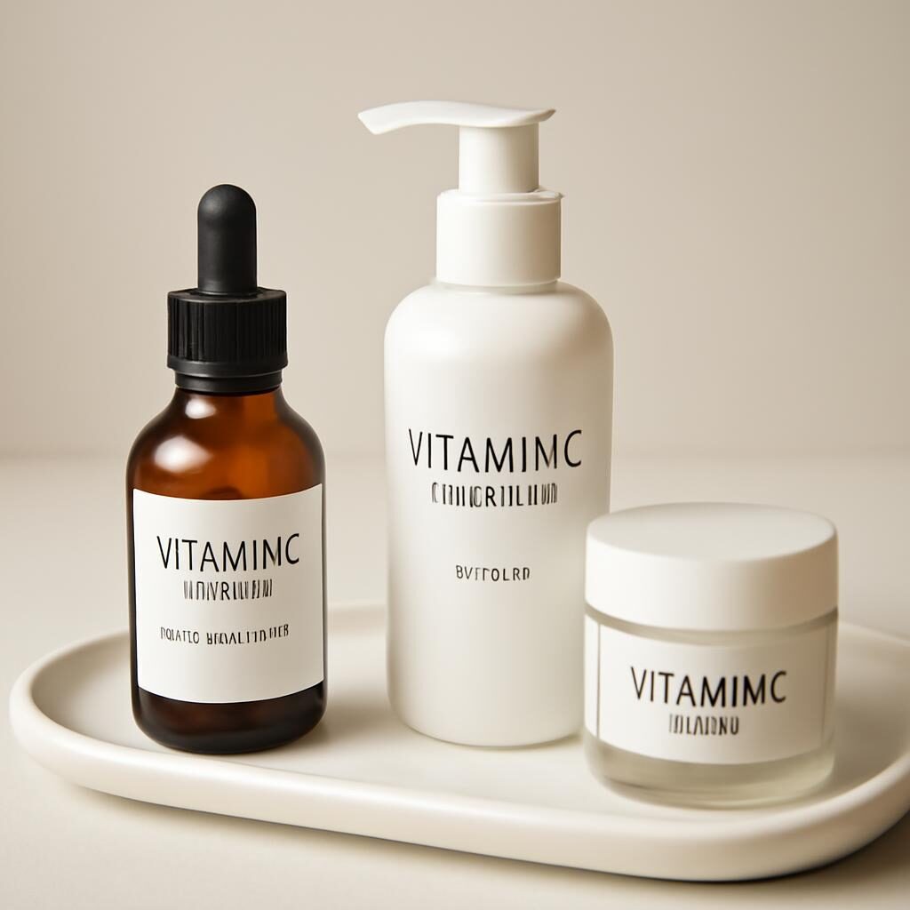 Sélection de sérums vitamine C et crèmes sur plateau blanc élégant