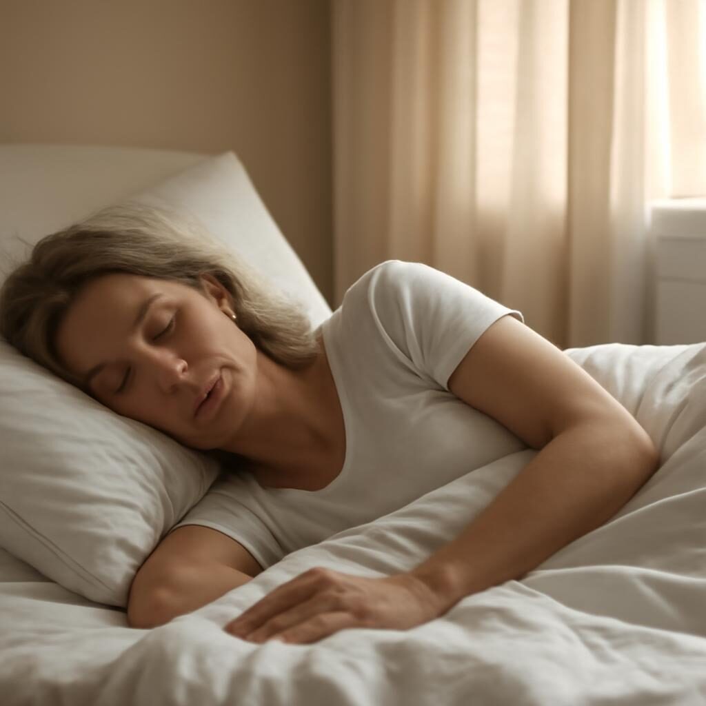 Femme de 40 ans dormant paisiblement dans un lit blanc confortable, lumière matinale douce