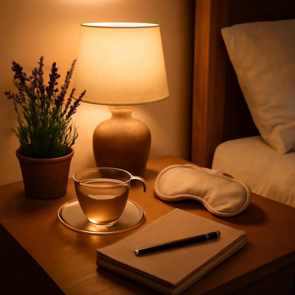 Table de chevet cosy avec tisane, plante de lavande, masque de sommeil et journal