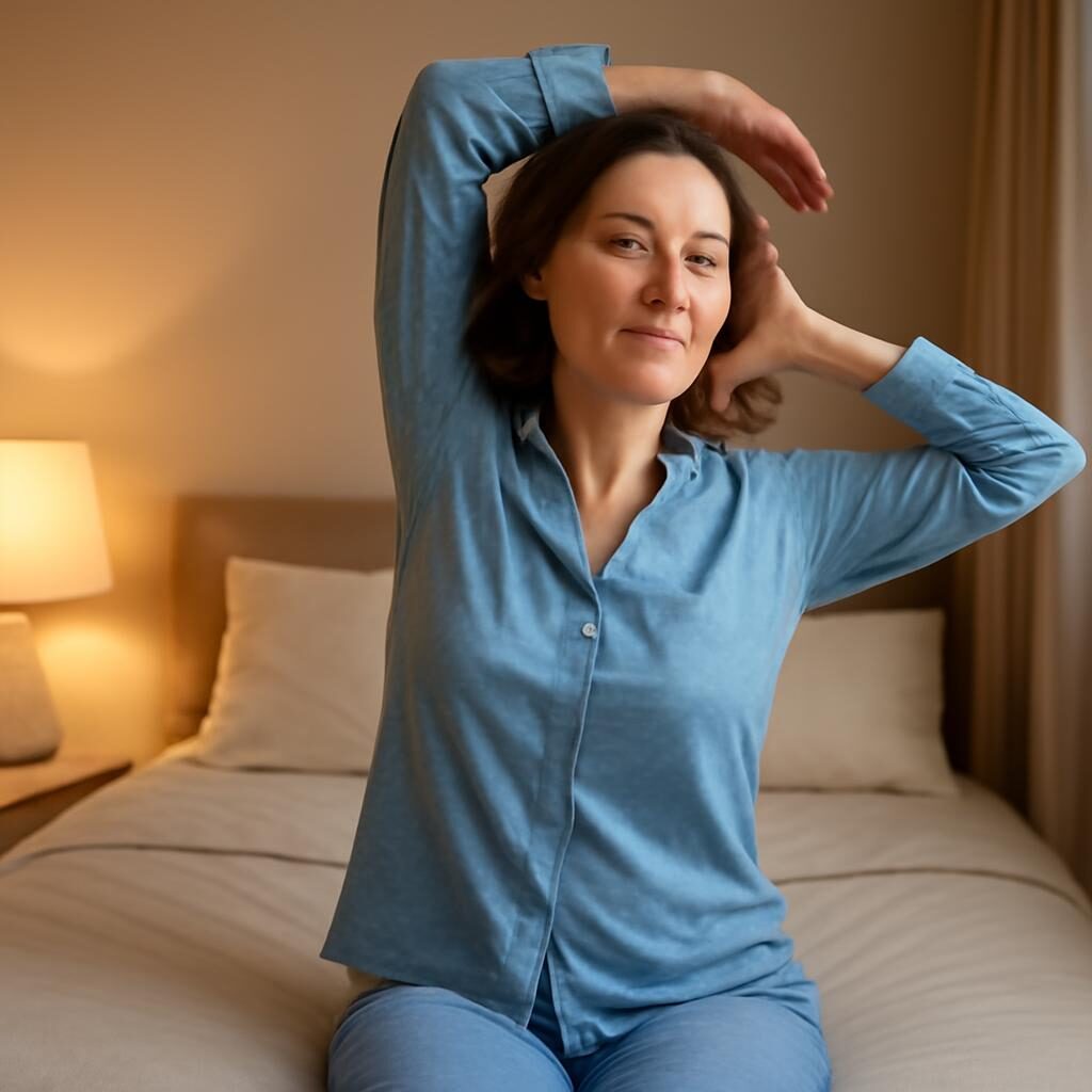 Femme en pyjama faisant des étirements doux dans une chambre tamisée avant le coucher