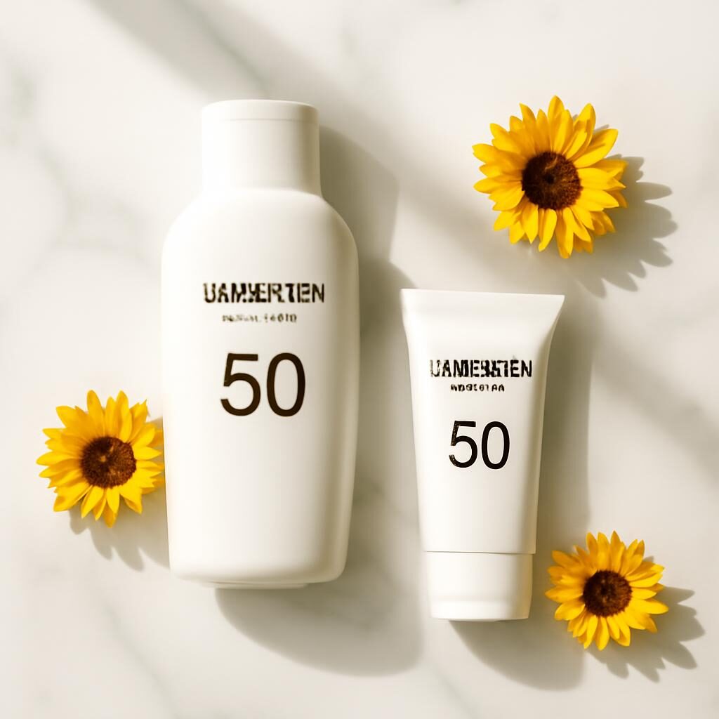 Crème solaire SPF 50 sur marbre blanc avec fleurs de tournesol et lumière estivale