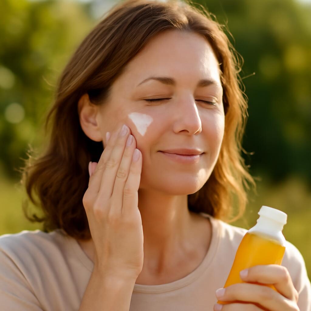 Femme de 40 ans appliquant de la crème solaire sur son visage en extérieur