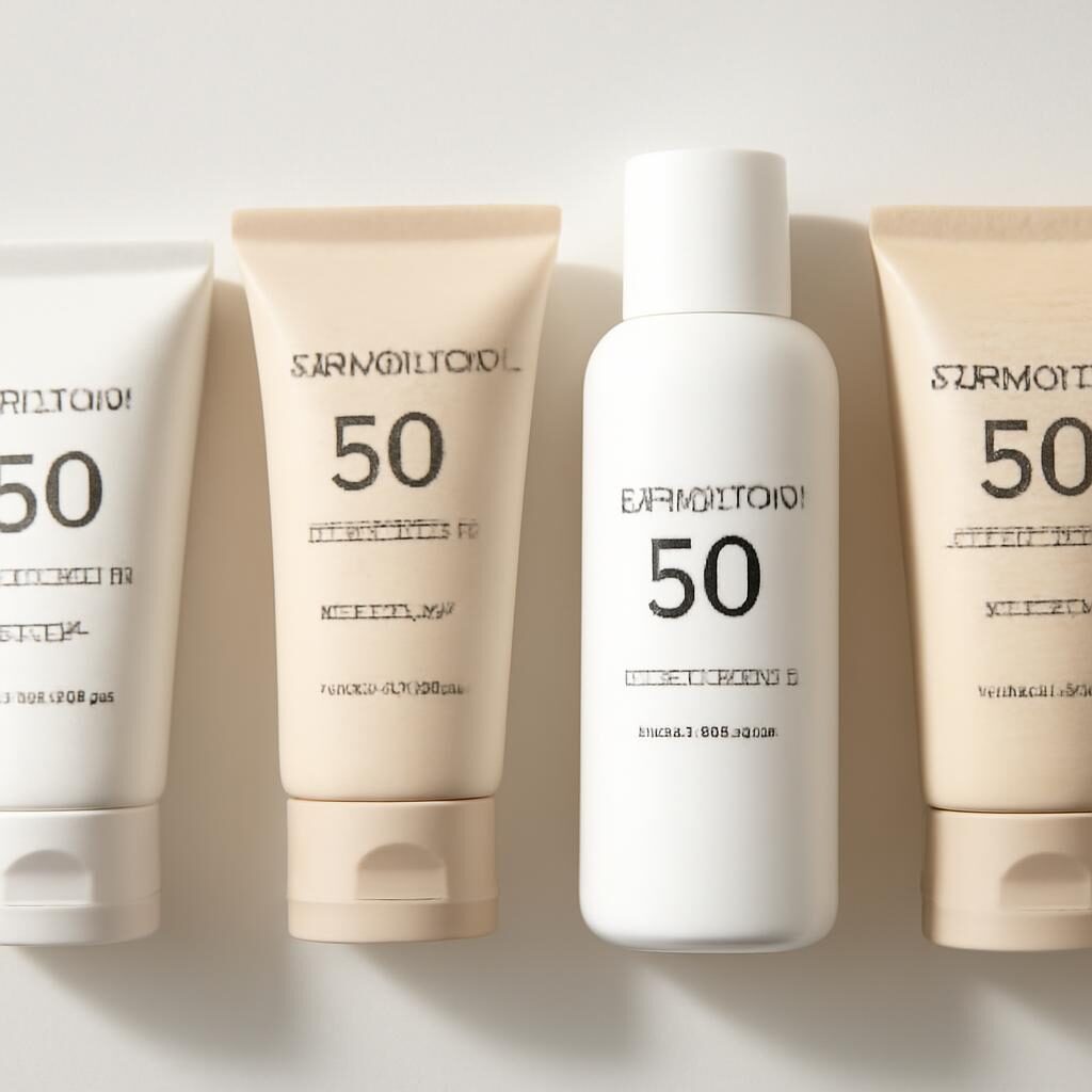 Sélection de crèmes solaires SPF 50 en tubes et flacons sur surface blanche