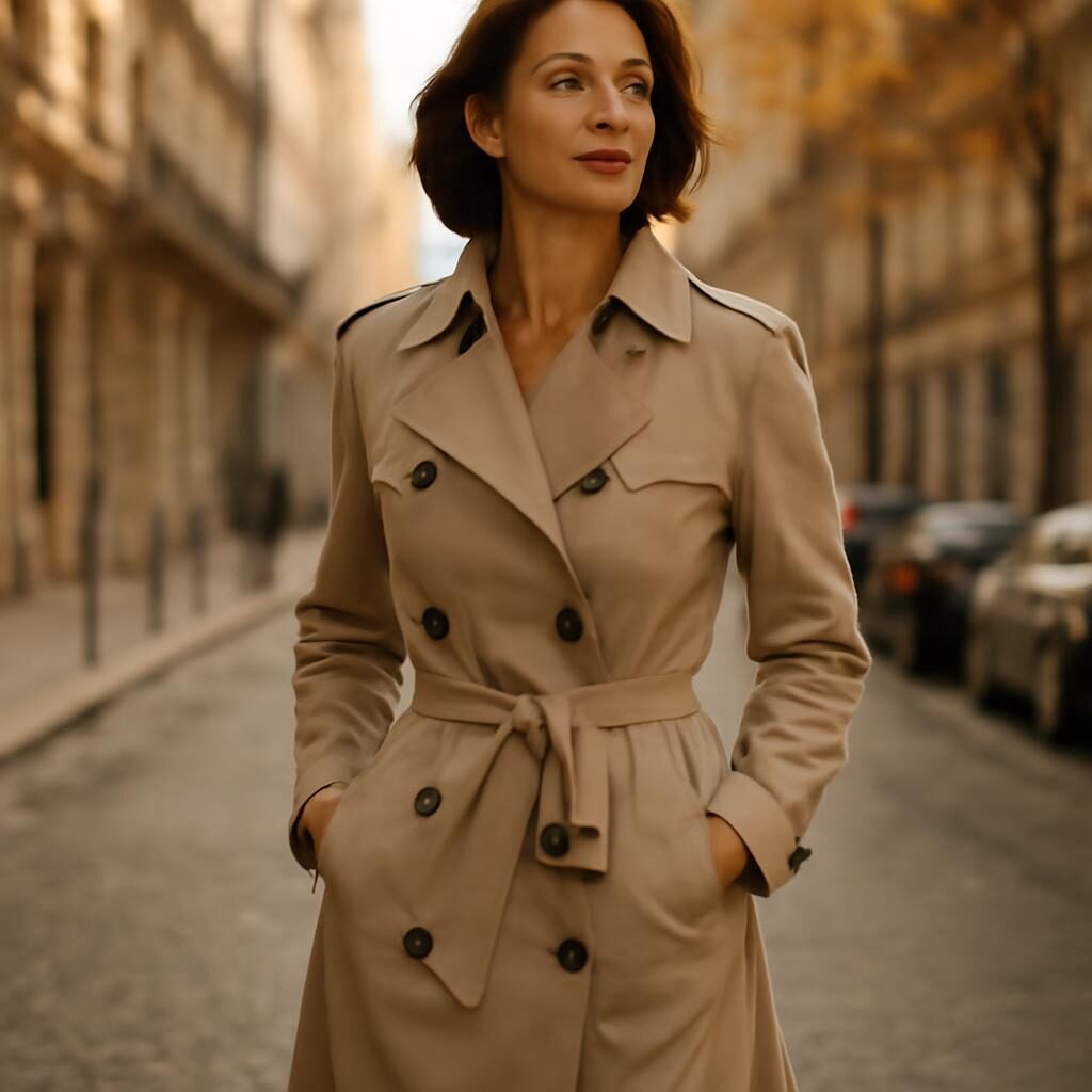 Femme élégante de 40 ans en trench coat beige dans une rue parisienne en automne