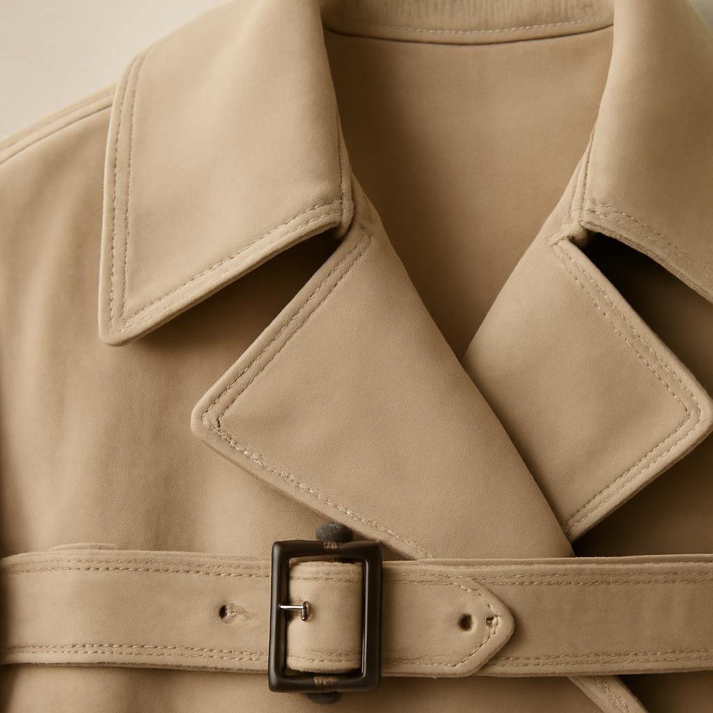 Détail col et ceinture d'un trench coat en gabardine beige, savoir-faire couture