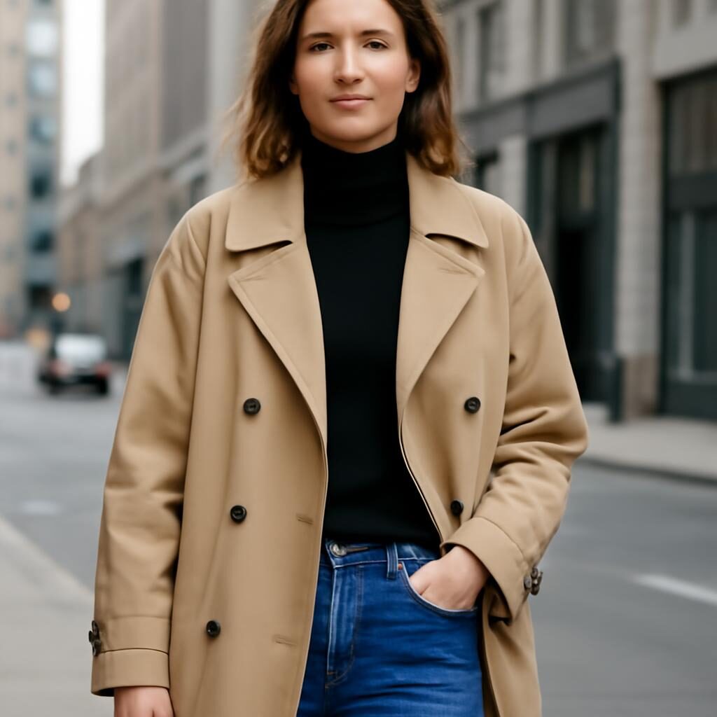 Femme de 40 ans en trench coat oversize sur col roulé et jean droit, look casual chic