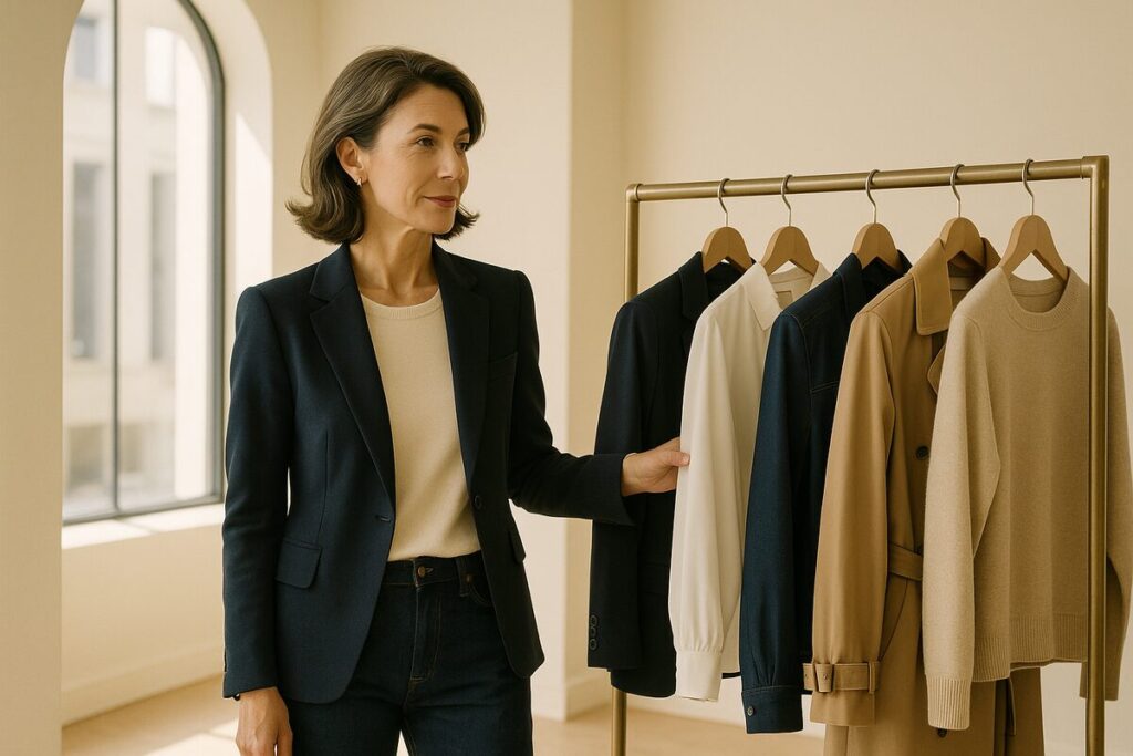 Femme élégante de 40 ans sélectionnant les pièces fondamentales de sa capsule wardrobe dans une boutique parisienne