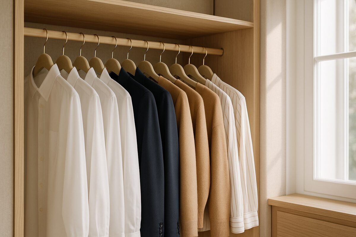 Dressing minimaliste avec des vêtements de qualité sur cintres en velours, lumière naturelle matinale