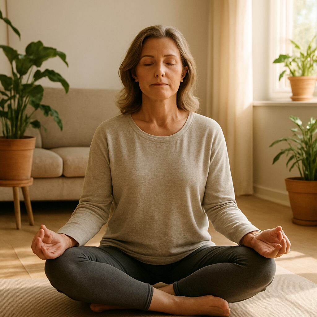 Femme qui pratique yoga et respiration à la maison — cohérence cardiaque