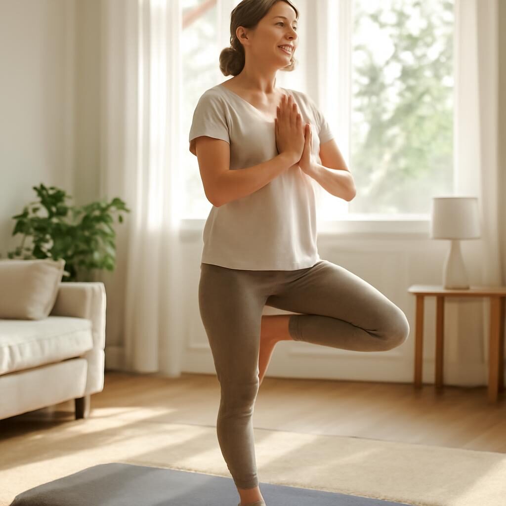 Femme de 40 ans pratiquant le yoga doux en posture de l'arbre dans un salon lumineux